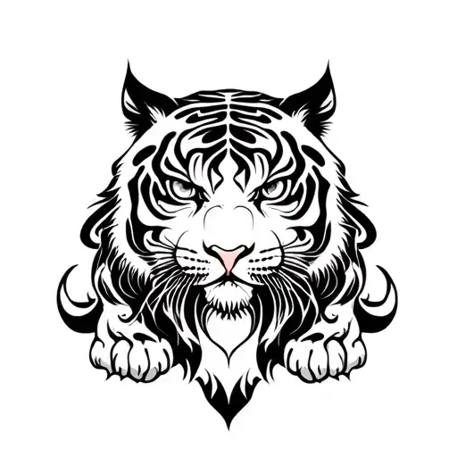 Thai traditional tattoo style crouching tiger, tribal blackwork design, symmetrical, spiritual, bold black lines, white  tattoo design idea