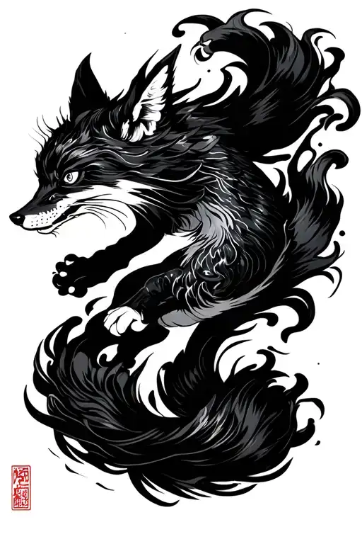 a black and white Chinese huili jing leaping downward, enveloped in wisps of smoke. Priotize correct anatomy of fox tattoo design idea