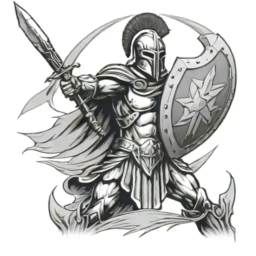 Spartan with shield and long spear on front line tattoo design idea