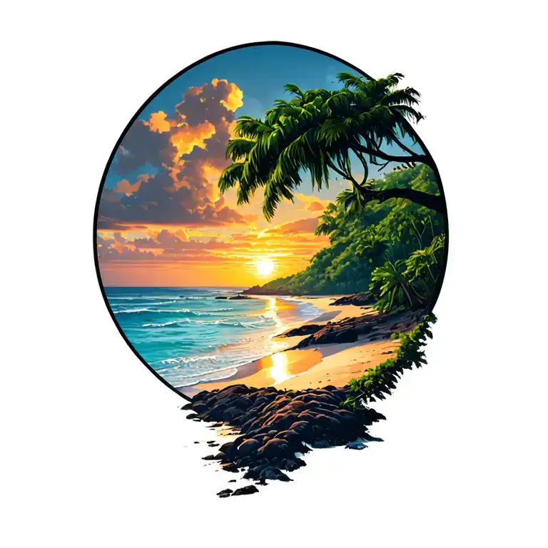 gold coast of costa rica late sunset beach with guanacaste tree in foreground tattoo design idea