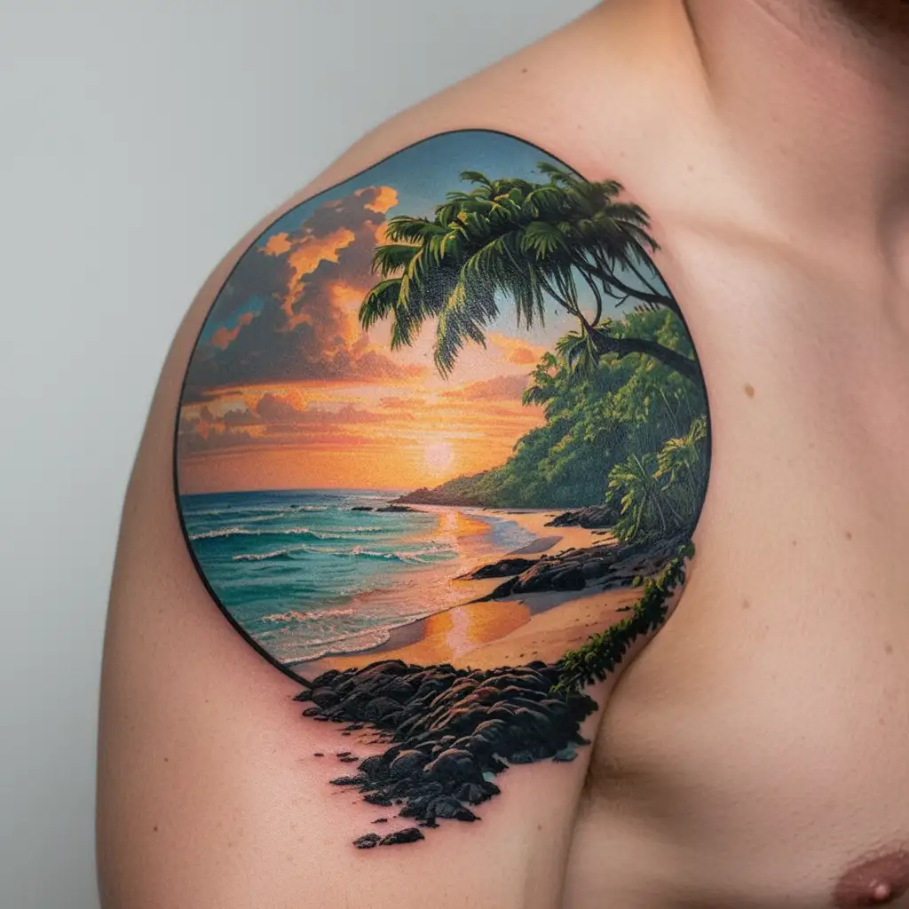 gold coast of costa rica late sunset beach with guanacaste tree in foreground tattoo design idea