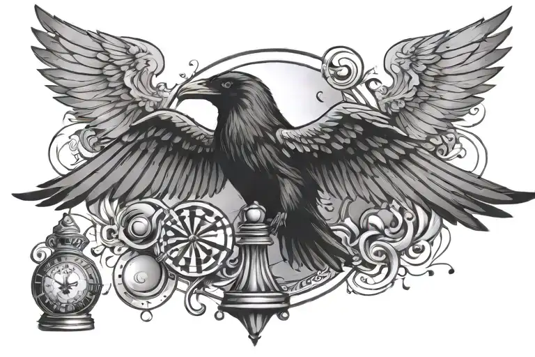 raven wings with sun , king chess piece and rain cloud tattoo design idea