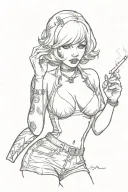 Sexy girl, Huge cleavage, wide hips, petite, big booty, torn clothing, short white bob hairstyle, smoking a cigarette tattoo design idea