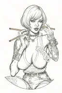 Sexy girl, Huge cleavage, wide hips, petite, big booty, torn clothing, short white bob hairstyle, smoking a cigarette tattoo design idea