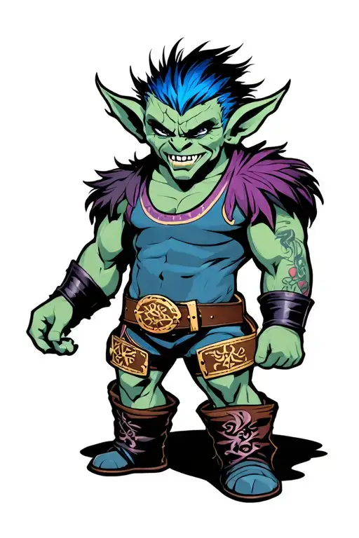 small blue goblin with two toned hair professional wrestler with belt tattoo design idea