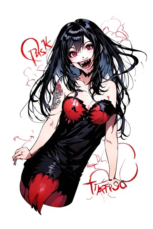 Crazy anime girl with black hair and vampire teeth tattoo design idea