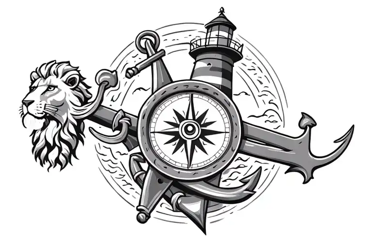 lion lighthouse compass anchor sea ship tattoo design idea
