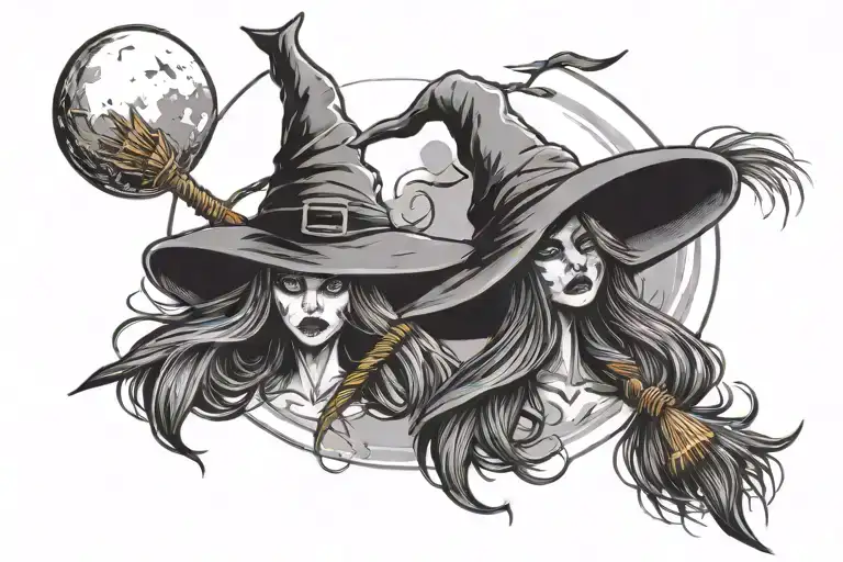 witches brooms crossing each other with witchs hat and moon tattoo design idea