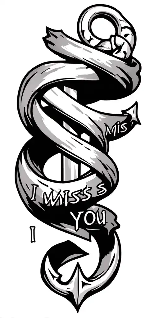 I miss you, I love you, I want you, wrap wrapped around an anchor tattoo design idea