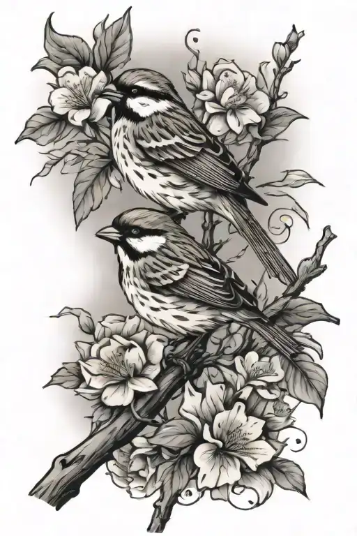 sparrow perched on a branch with flowers over a river tattoo design idea