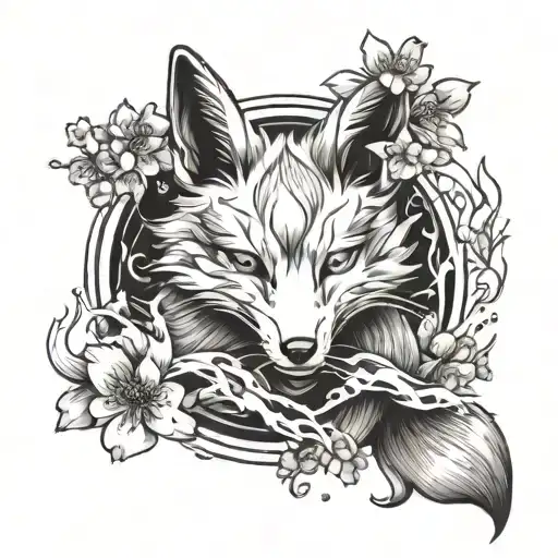 kitsune with sakura bloom glas of water tattoo design idea