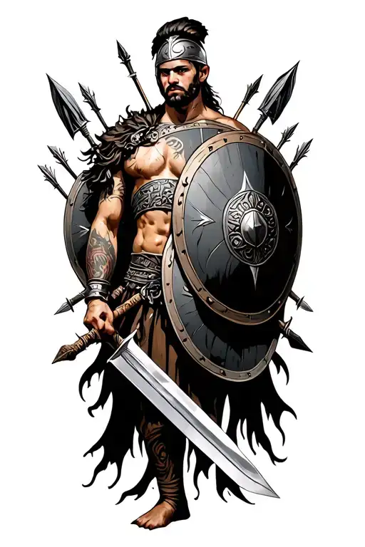 Gladiator theme with multiple shields, swords and arrows. Add a leg fasciae blowing in the wind. incorporate a warrior's tattoo design idea