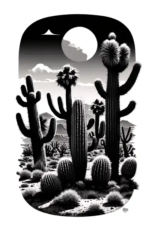 desert landscape filled with cacti, palm trees and joshua trees tattoo design idea