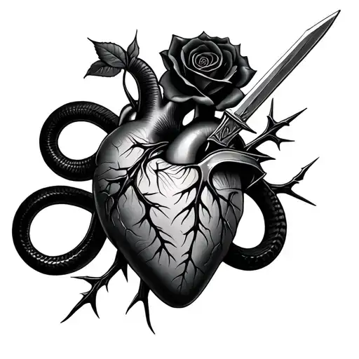 realistic human heart ensnared by black rose with thorns. Dagger piercing both of it. Black mamba coiled around  tattoo design idea