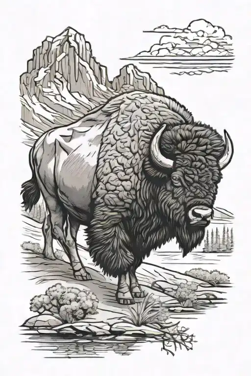 realistic bison with mountains and trees in the background tattoo design idea