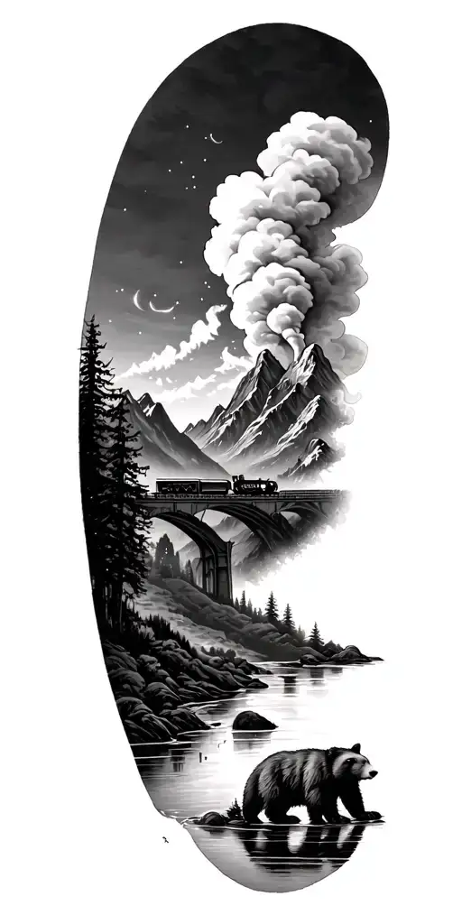 landscape tattoo with mountains, river, small bear by water, in the night, steam train going over bridge  tattoo design idea