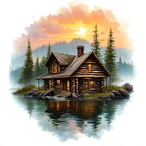 Log Cabin On  edge of Water tattoo design idea