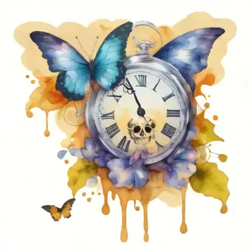 skull and butterfly and clock melting tattoo design idea