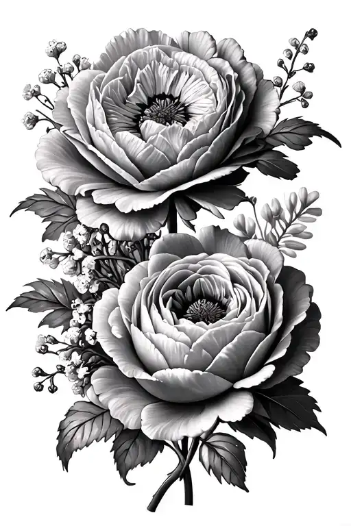 feminine realistic carnations, cabbage rose, peony, snap dragon, daisy, and babys breath tattoo design idea