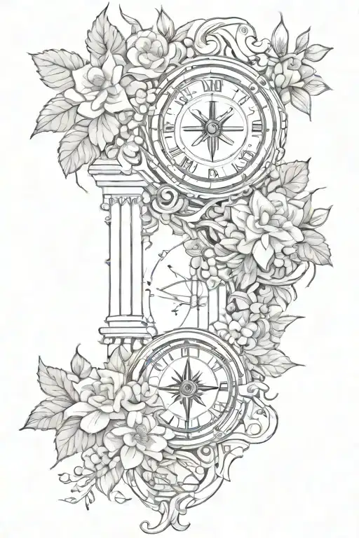 Tattoo Featuring Roman Buildings, And navigation Compass Surrounded By Flowers And Vines tattoo design idea