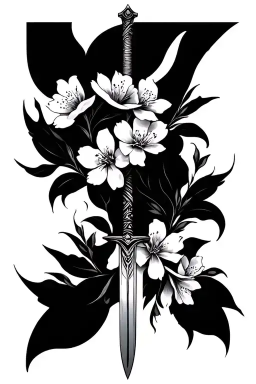 almond blossoms and sword  tattoo design idea