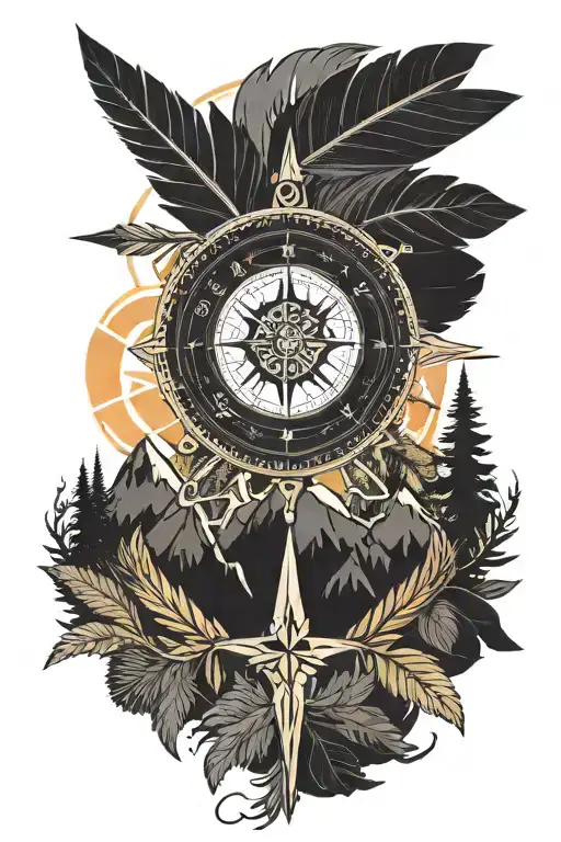 a compass with an arrow and feather to the arrow top, mountains with a snowy top and a rising sun tattoo design idea