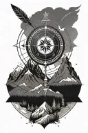 a compass with an arrow and feather to the arrow top, mountains with a snowy top and a rising sun tattoo design idea