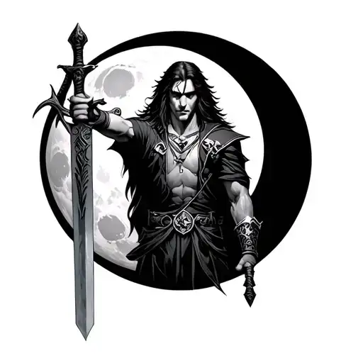 castlevania moon logo with alucard from castlevania holding his sword up ward tattoo design idea