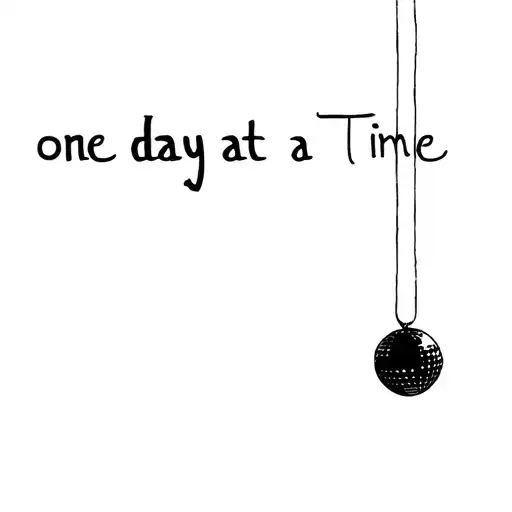 quote "one day at a time" and a disco ball hanging from one letter of the quote tattoo design idea