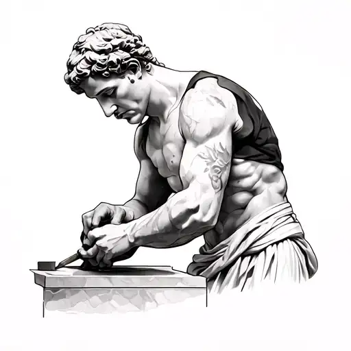 Create a simplistic, patchwork sleeve tattoo of a marble sculpture finishing himself with a chisel. Share a few ideas fo tattoo design idea