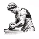 Create a simplistic, patchwork sleeve tattoo of a marble sculpture finishing himself with a chisel. Share a few ideas fo tattoo design idea
