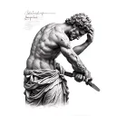Create a simplistic, patchwork sleeve tattoo of a marble sculpture finishing himself with a chisel. Share a few ideas fo tattoo design idea