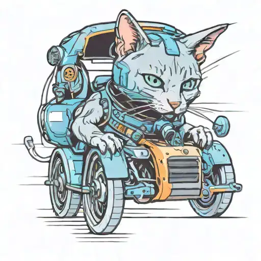 A Russian blue cat wearing headphones and driving a futuristic XR8 car tattoo design idea