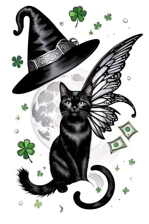 fortune fairy, lucky, black cat, four leaf clover, witches hat, money, guardian angel, gothic, ying and yang, full moon, tattoo design idea