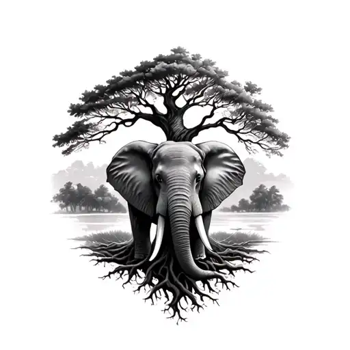 full sleeve tattoo with a cottonwood tree with roots coming down that leads into an elephant tattoo design idea