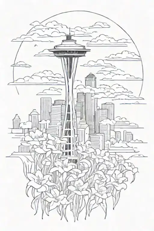 Seattle skyline mt Rainer rain bleeding gloomy dark dead flower nature intertwined tattoo design idea