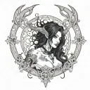 Sexy Pale Girl, petite, big boobs, wide hips, G-String. Messy hair, demonic horns, sexual. Seductive smile. Full Body tattoo design idea