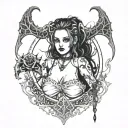 Sexy Pale Girl, petite, big boobs, wide hips, G-String. Messy hair, demonic horns, sexual. Seductive smile. Full Body tattoo design idea