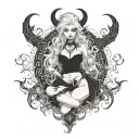 Sexy Pale Girl, petite, big boobs, wide hips, G-String. Messy hair, demonic horns, sexual. Seductive smile. Full Body tattoo design idea