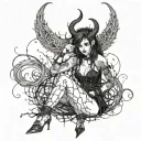 Sexy Pale Girl, petite, big boobs, wide hips, G-String. Messy hair, demonic horns, sexual. Seductive smile. Full Body tattoo design idea