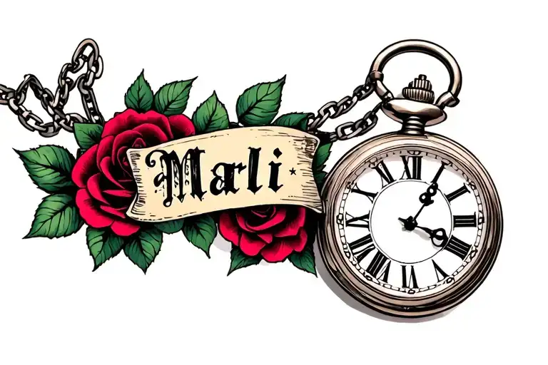 the name Marli with pocket watch with chain and roses tattoo design idea