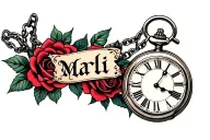 the name Marli with pocket watch with chain and roses tattoo design idea
