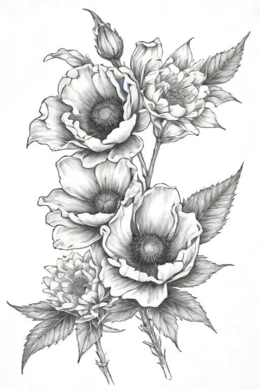 shoulder, upper arm tattoo featuring the following flowers: a poppy, larkspur, daisy, snowdrop,  tattoo design idea