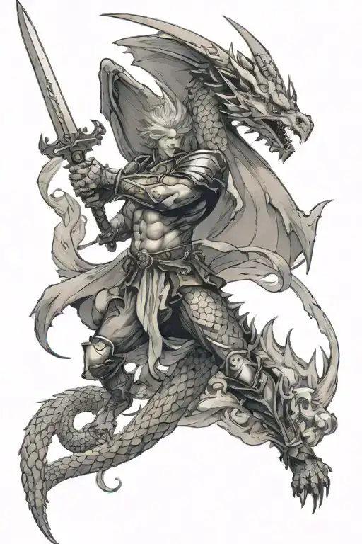 a dragon flying around an angel with sword tattoo design idea