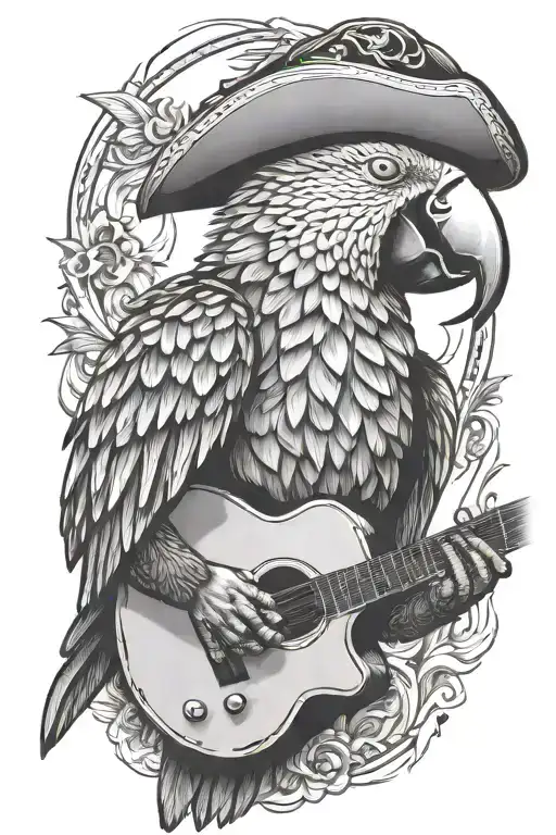 parrot pirate hat and playing guitar tattoo design idea
