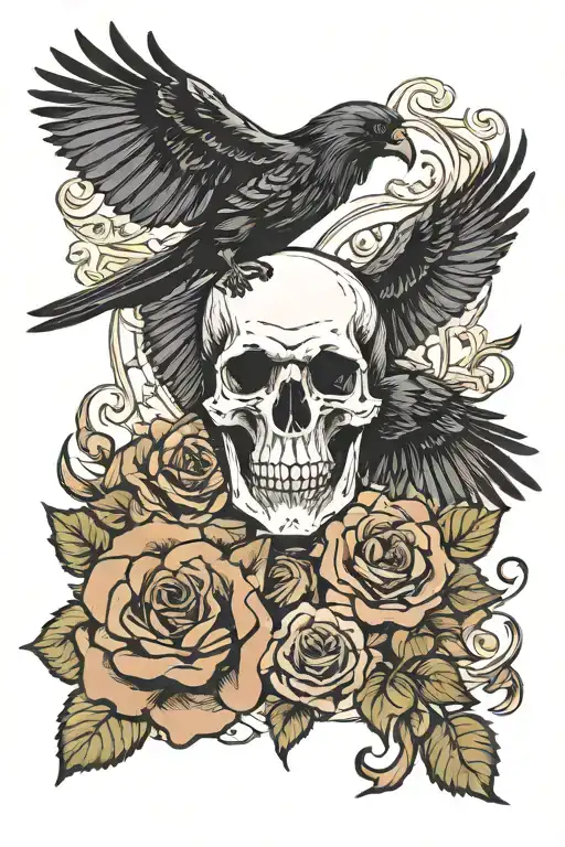 Odin ravens with human skull and roses intertwined tattoo design idea