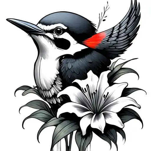 woodpecker, skull, lilies tattoo design idea