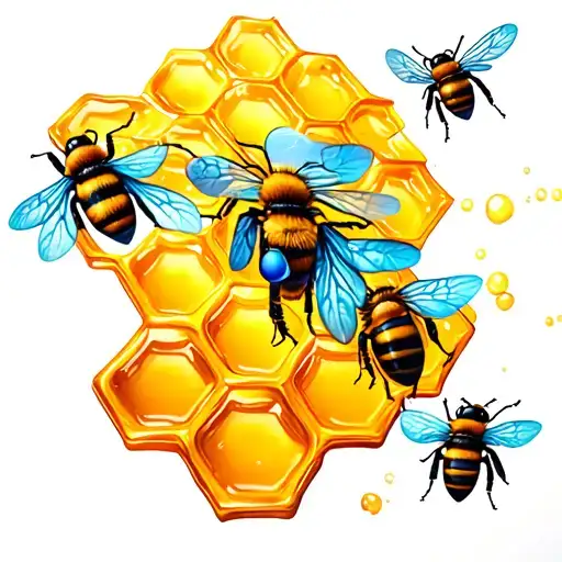 estradiol molecule in honeycomb with bees and honey tattoo design idea