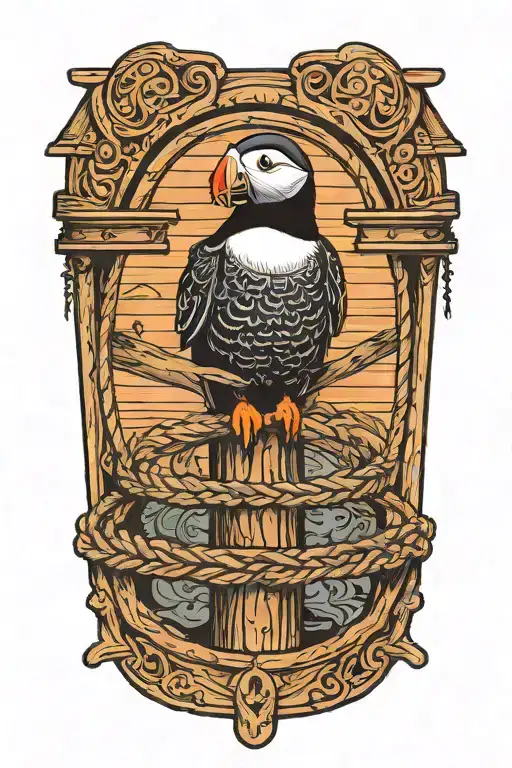 male puffin perched at the end of wood dock pilings with rope wrapped. An old scandinavian viking ship at sea background tattoo design idea