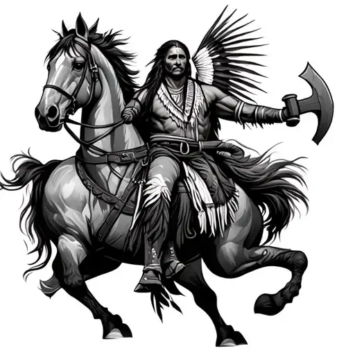 Indian chief riding a horse holding a tomahawk tattoo design idea